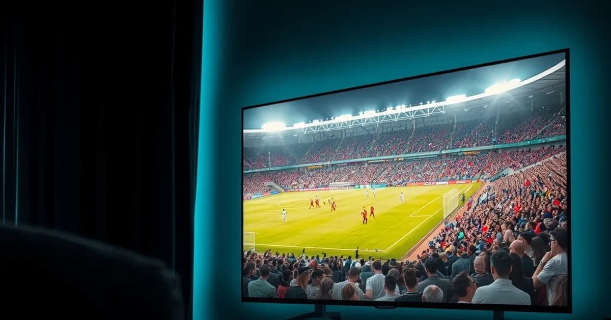 Mørkt stue-miljø med et stort TV, der viser en skarp, detaljeret Ultra HD-fodboldkamp, med en streaming-boks og netværkskabel synligt ved siden af