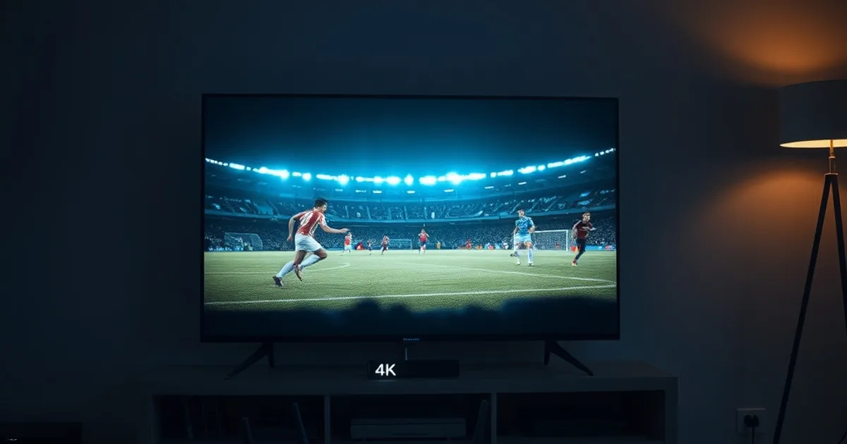 Mørkt, filmisk stue-miljø om aftenen med et 4K-tv, der viser en fodboldkamp, og en router med lysende status-lys forbundet til synlige fiberkabler