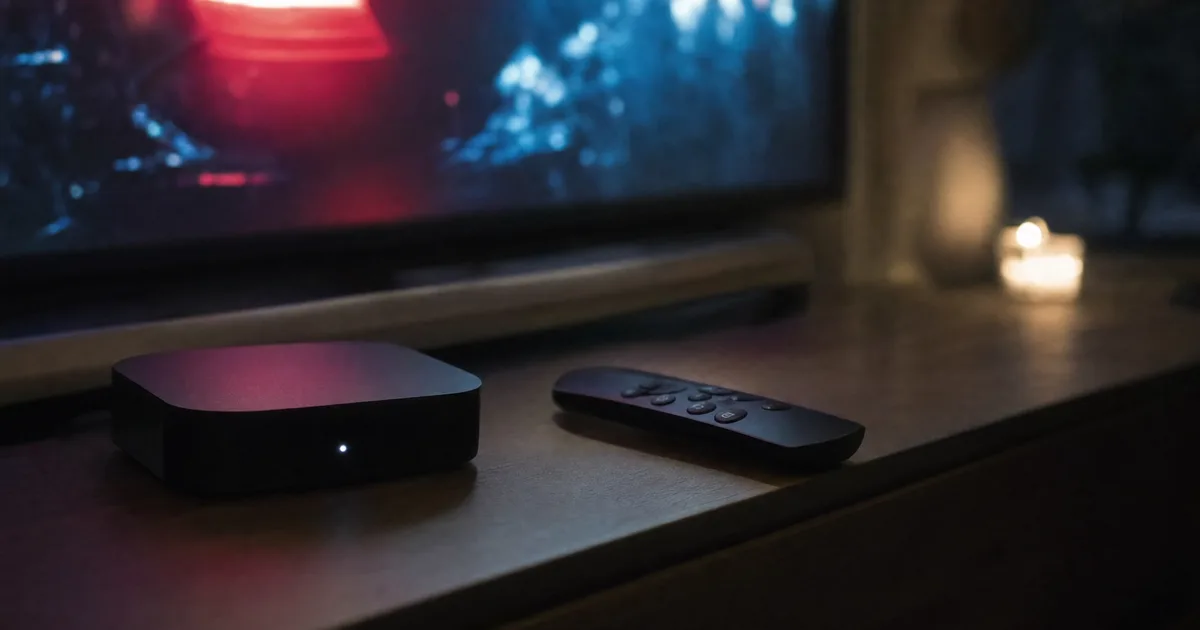 Nærbillede af en lille streaming-box og fjernbetjening foran et stort TV i en mørk stue om aftenen