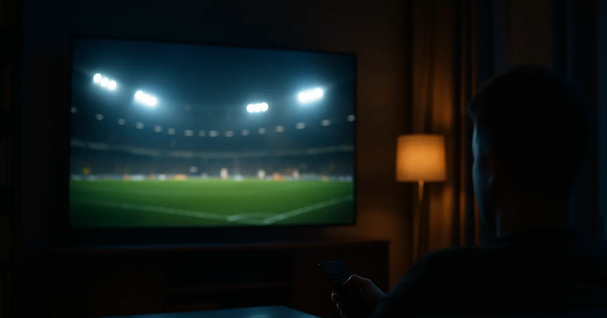 Mørk dansk stue om aftenen hvor en person med fjernbetjening ser en fodboldkamp på et stort tv, med en streamingboks og telefon på sofabordet