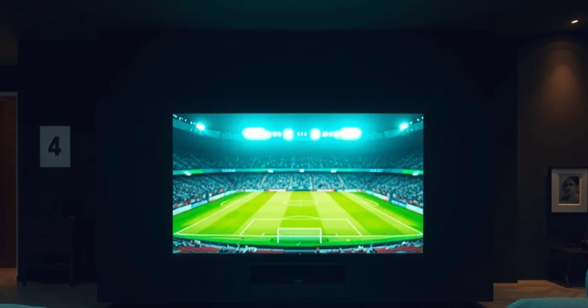 Mørkt stue om aftenen med et stort 4K-TV, der viser et oplyst fodboldstadion i skarpe farver