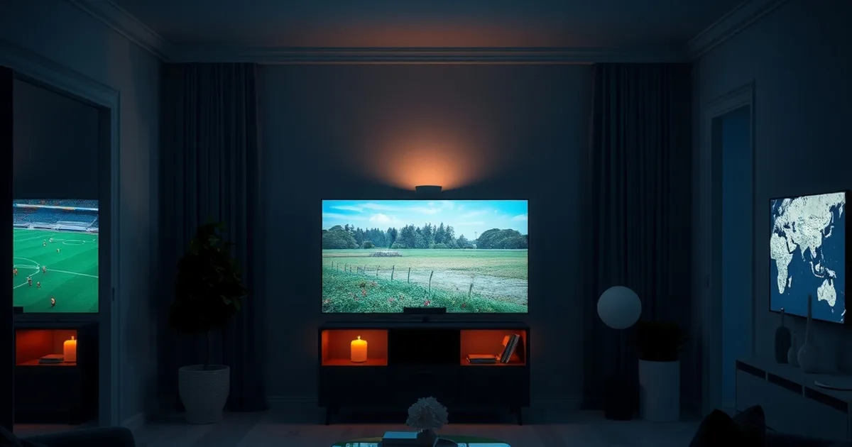Mørkt, cinematisk stuemiljø om aftenen med flere skærme, der viser forskellige typer indhold — fodbold, natur i 4K og et rejsekort — som symbol på forskellige IPTV-behov
