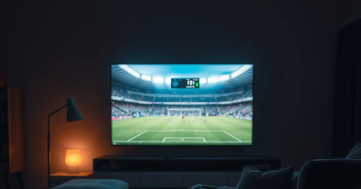 Mørk, stemningsfuld stue med et tv der viser en fodboldkamp i skumringslys, dansk IPTV-opsætning