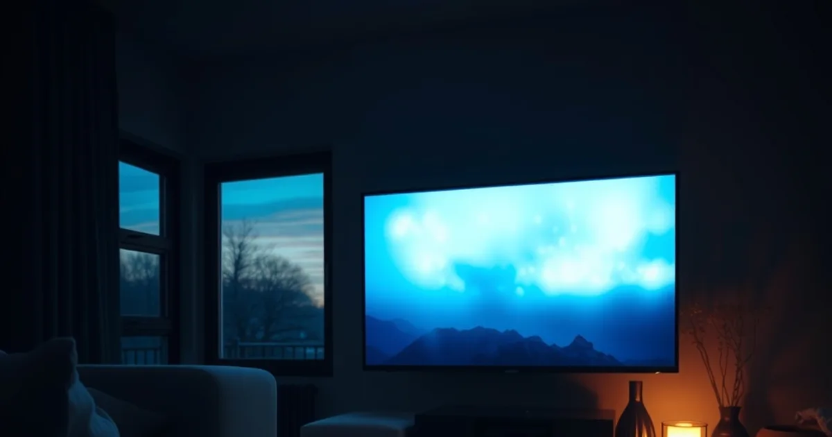 Mørkt, moderne dansk stue om aftenen med et tv, der lyser blåt fra en streamingflade