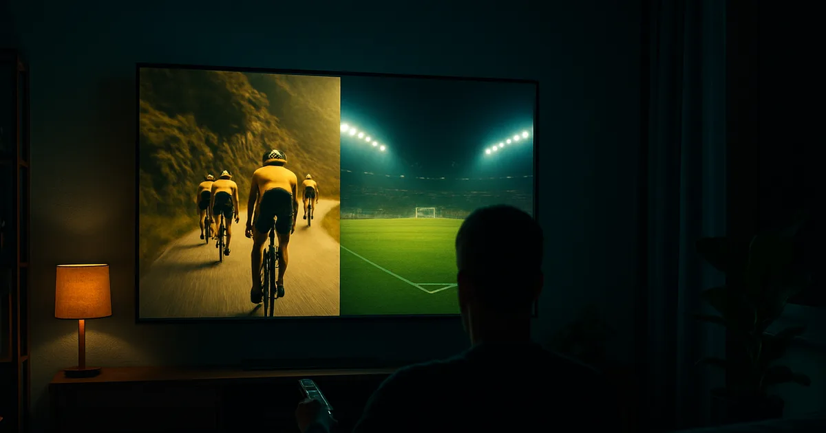 Mørk stue om aftenen oplyst af et stort TV, der viser sommerens sport — en cykelrytter i bjergene og et oplyst fodboldstadion samlet på én skærm, mens en seer ser med fra sofaen.