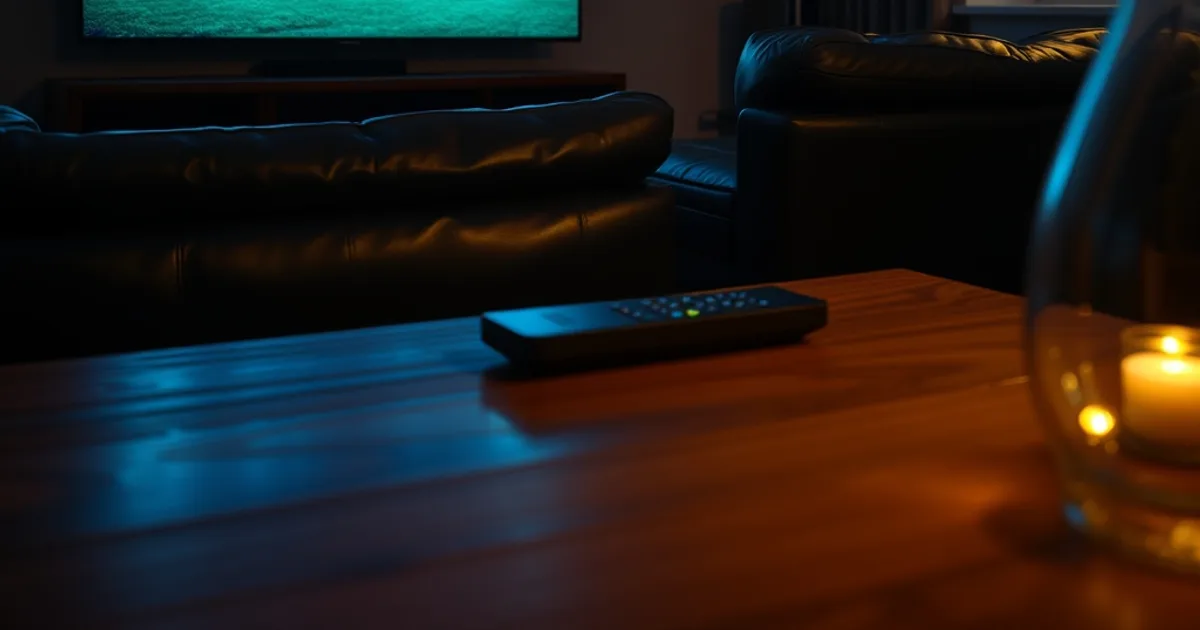 Mørkt, stemningsfuldt stuemiljø om aftenen med et tv, der lyser op i rummet under en direkte sportsudsendelse