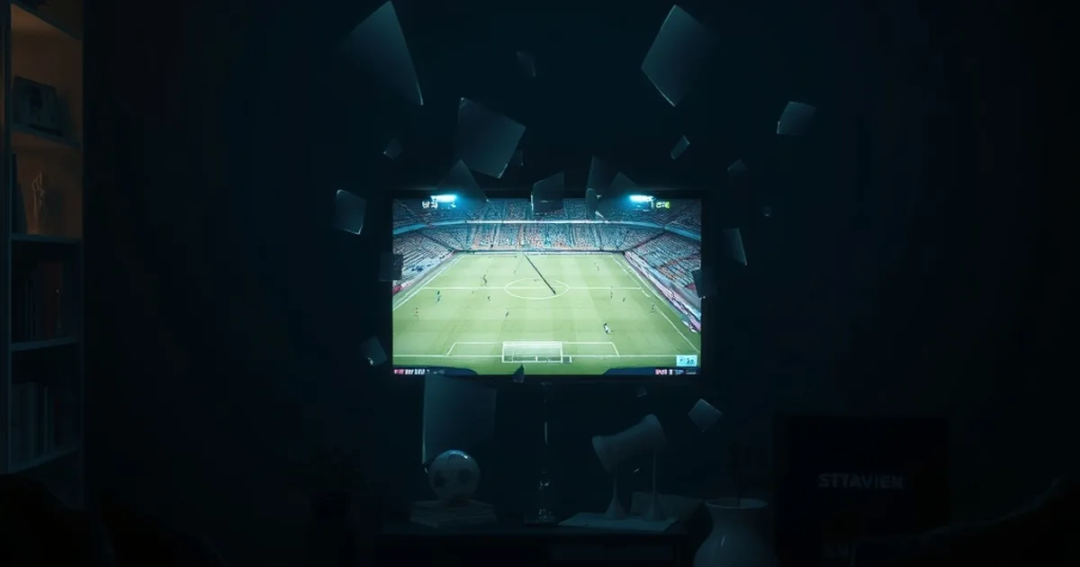 Mørkt dansk stue-scene om natten med et tv, der viser en fodboldbane, omgivet af flere gennemsigtige, overlappende lyspaneler der symboliserer fragmenterede streamingtjenester