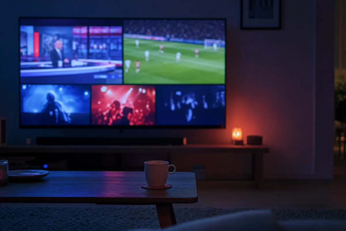 TV der viser live-TV med nyheder og sport side om side i en mørk dansk stue om aftenen