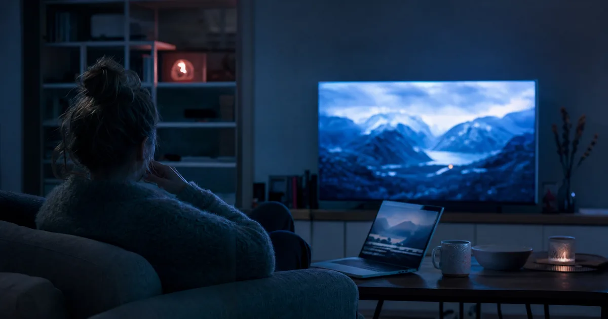 Rolig aftenstue med et tændt TV og en bærbar computer på sofabordet, eftertænksom stemning