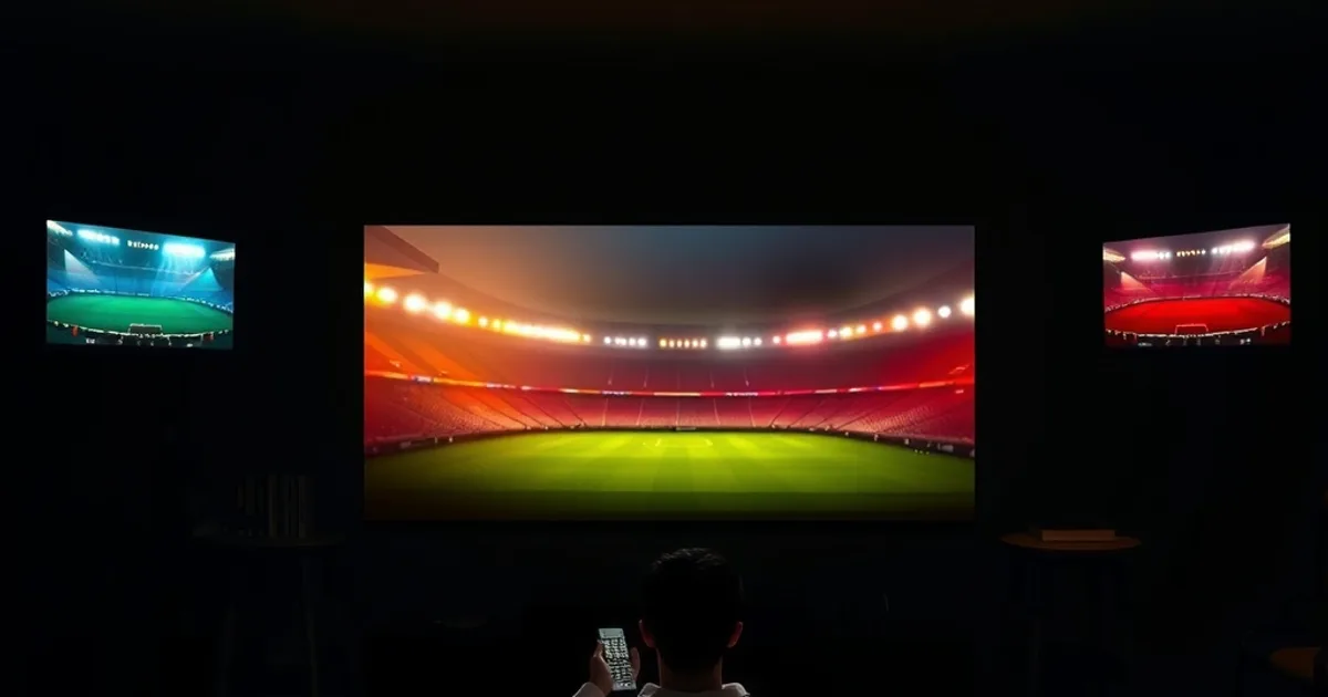 Mørk stue om aftenen med tre svævende skærmglow i forskellige farver, der symboliserer valget mellem IPTV, Viaplay og Disney+