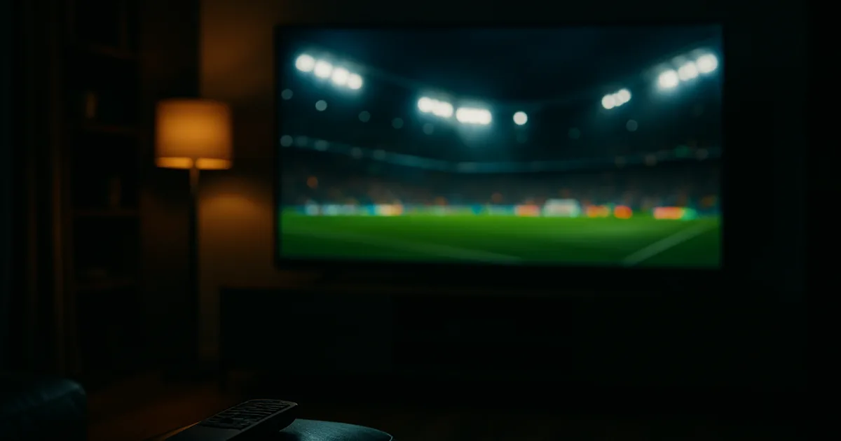Mørkt stue-scene om aftenen med et stort TV, der lyser med farverne fra en europæisk fodboldstadion under flodlys
