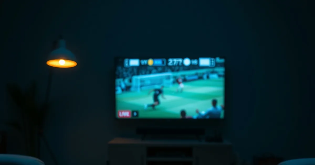 Mørkt, stemningsfuldt stuemiljø om aftenen med et TV, der viser en fodboldkamp i baggrunden, mens en tablet og en telefon lyser op i forgrunden — familie-streaming på flere enheder samtidig.