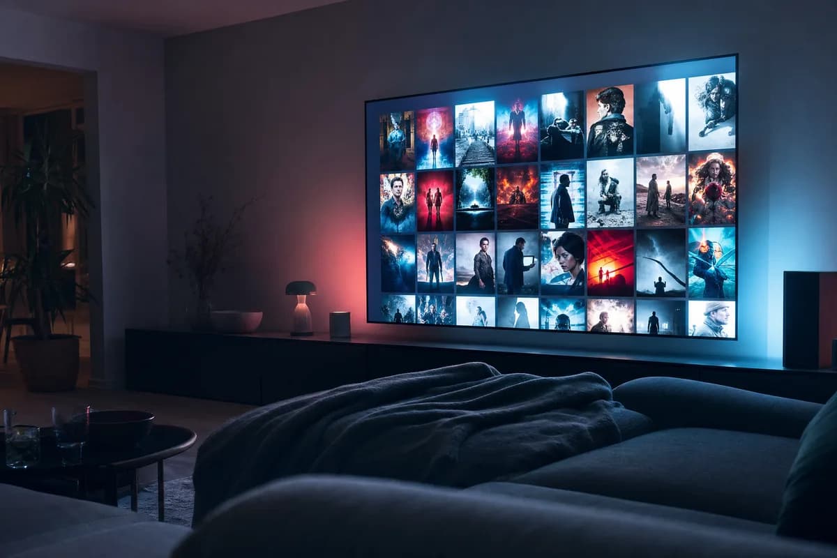 Stort TV der viser et filmbibliotek med film- og serieplakater side om side i en mørk stue om aftenen