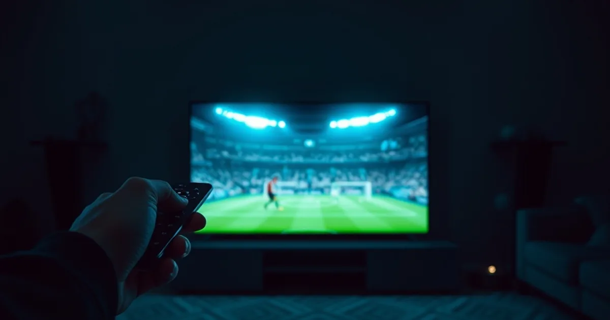 Silhuet af en person i en mørk stue, der peger en fjernbetjening mod et tv med en fodboldkamp, med en telefon og tablet lysende svagt på bordet foran
