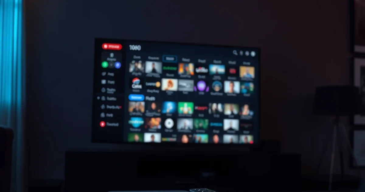 Mørkt stue-miljø om aftenen med en TV-skærm, der viser en program-guide i gitter-visning, og en streaming-boks med fjernbetjening på et bord i forgrunden