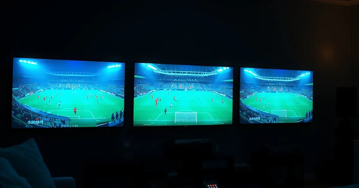 Tre skærme i et mørkt rum viser hver sin Champions League-kamp, med dramatisk belysning der fremhæver stemningen under en peak-season kampaften