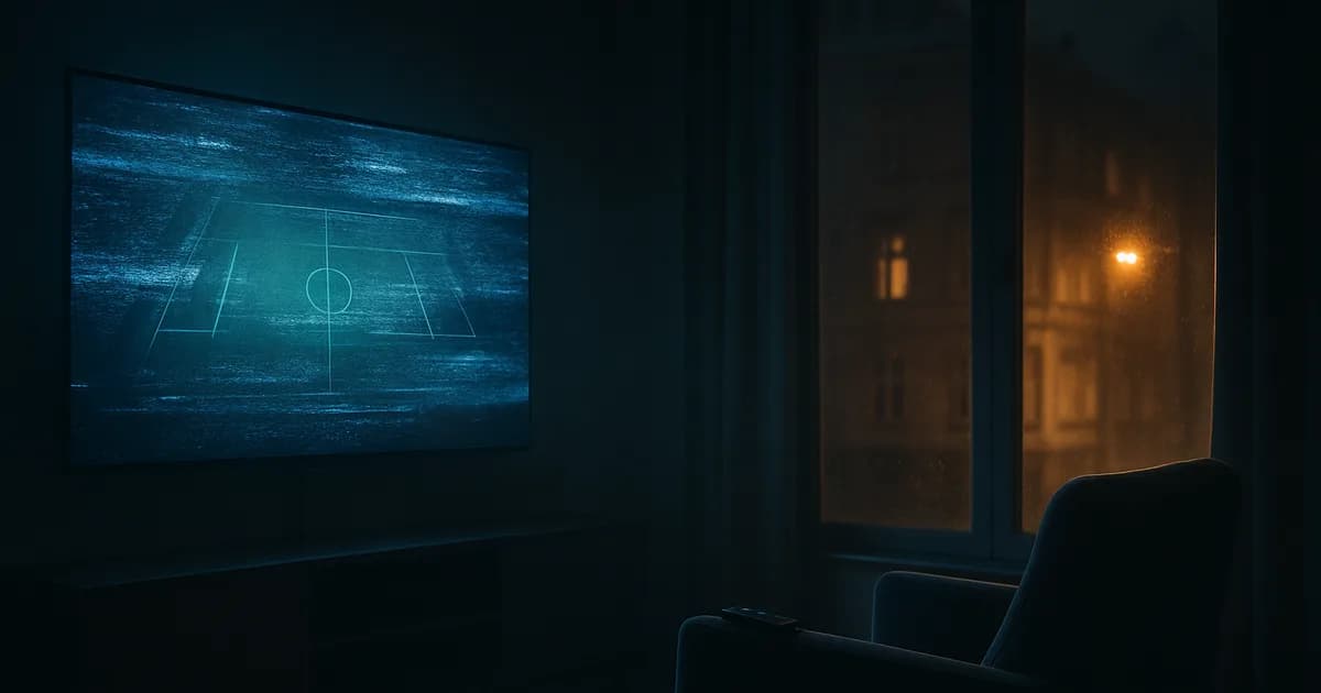 Mørk skandinavisk stue om natten, hvor tv-skærmen er brudt sammen i kold blå digital sne, og et fodboldbillede opløses i støjen foran en tom lænestol.