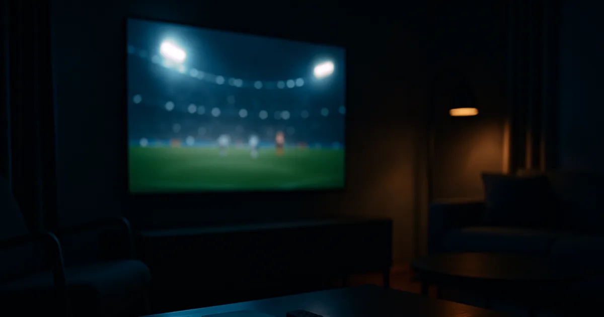 Mørk stue om aftenen oplyst af et stort tv, der viser en fodboldbane under projektører, med en streamingboks og fjernbetjening på et bord i forgrunden.