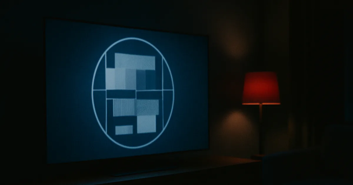 Mørk dansk stue om aftenen med et oplyst fladskærms-tv og en streamingboks, der antyder blokering og valget af IPTV-tjeneste i 2026.