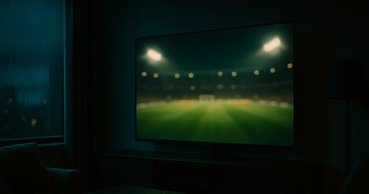 Mørk dansk stue om aftenen oplyst af et stort tv, der viser et sløret fodboldstadion under lyskastere, med en lille streamingboks på bordet.
