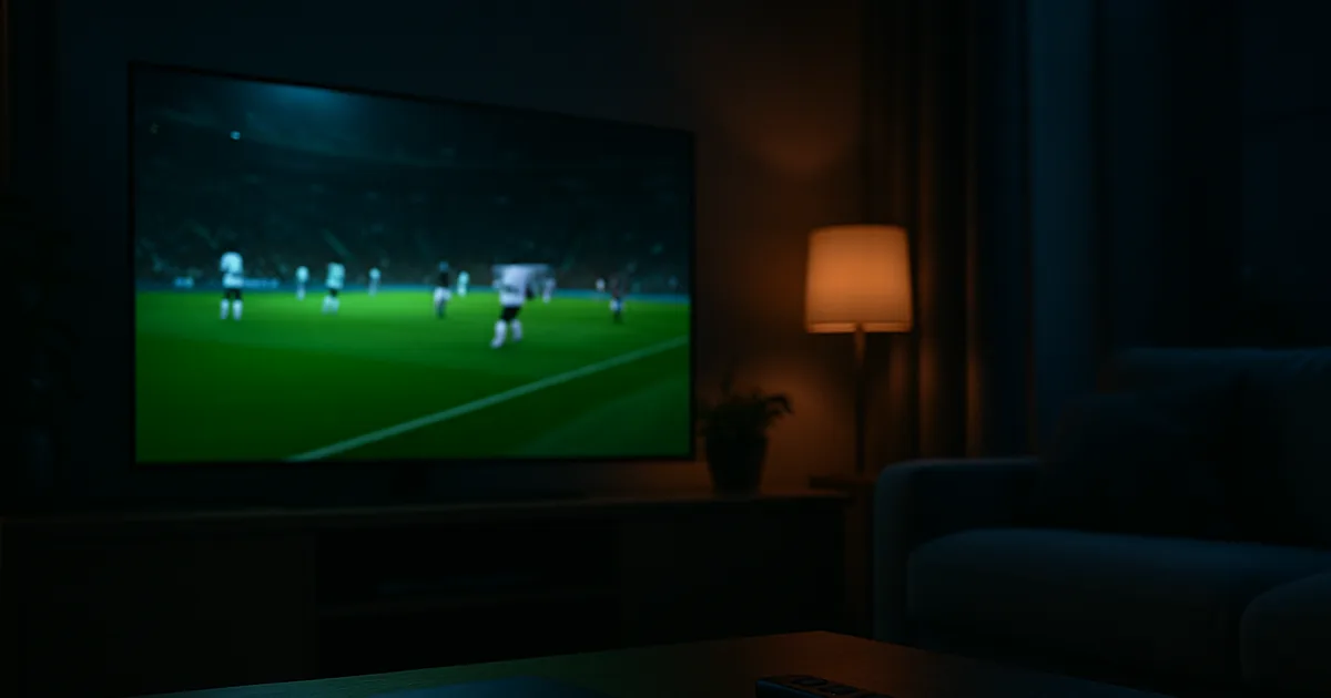 Mørkt dansk stue om aftenen med et stort tv, der viser en fodboldkamp, og en lille streamingboks på sofabordet i forgrunden.