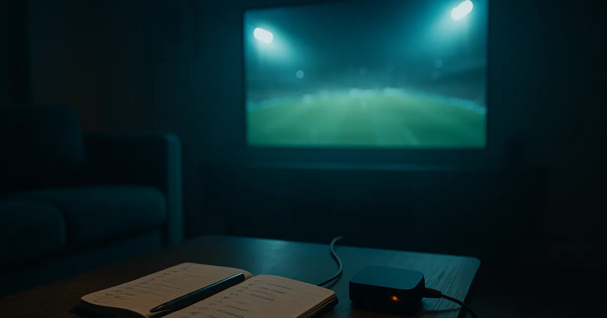 Mørk dansk stue om aftenen oplyst af et tv, der viser en fodboldbane under lys. På sofabordet i forgrunden ligger en notesbog med en håndskrevet tjekliste og en streamingboks, mens et netværkskabel løber hen over gulvet mod fjernsynet.