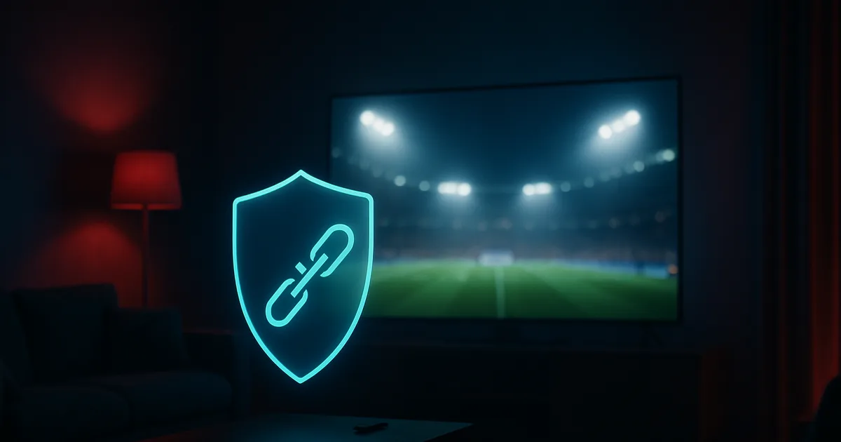 Mørk dansk stue om aftenen oplyst af et tv, der viser en sløret fodboldkamp under lys, med et gennemsigtigt skjold- og brudt kæde-motiv i forgrunden, der antyder blokering og digitale rettigheder.