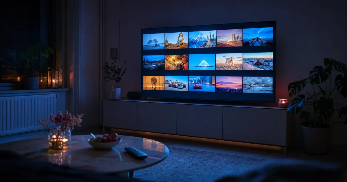 Smart TV med en kanal-oversigt af danske og internationale kanaler, køligt aftenlys i en stue