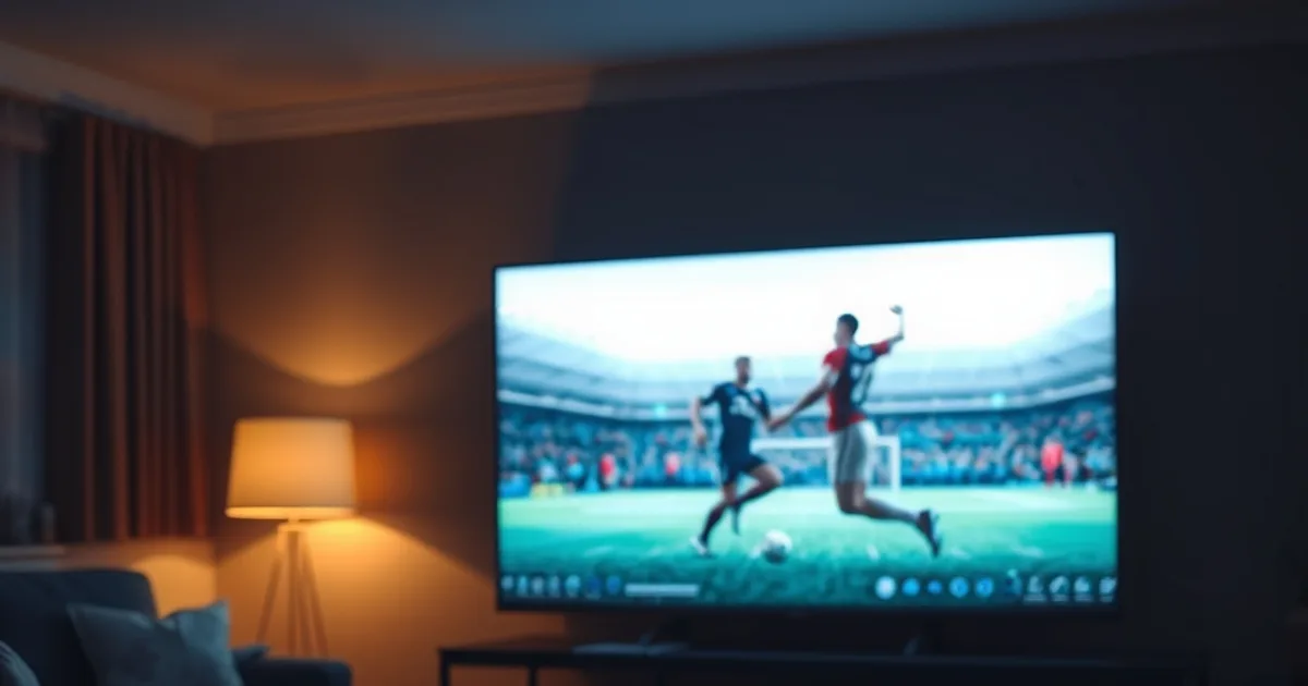 Mørkt, stemningsfuldt stuemiljø med Smart TV, tablet og mobil der streamer forskelligt indhold samtidig