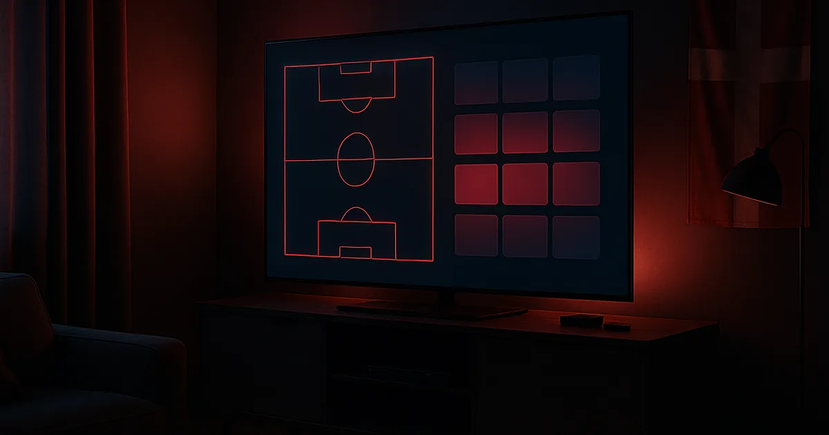 Mørk, stemningsfuld dansk stue oplyst af et stort tv med fodboldindhold, med en IPTV-boks og streaming-stick på et mediemøbel — dansk IPTV i 2026.
