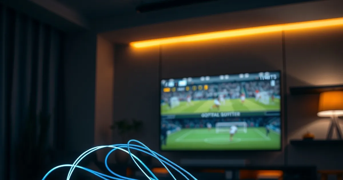 Mørkt, cinematisk billede af en fiberrouter med lysende netværkskabler foran en TV-skærm med fodboldkamp i baggrunden, som symbol på hastighedskrav til IPTV.