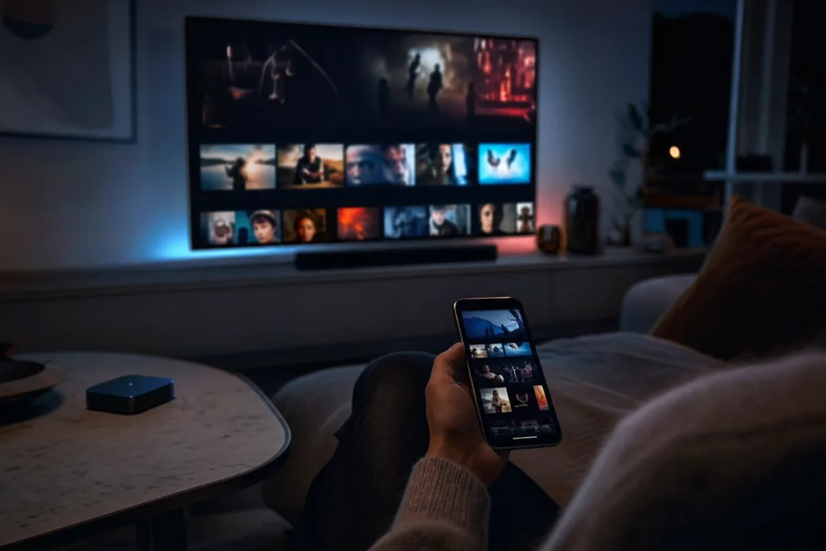 En streaming-box og en smartphone der viser samme film- og TV-grænseflade ved siden af et stort TV i en mørk stue