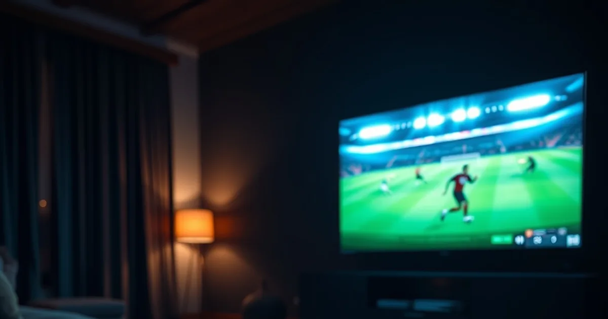 Mørkt dansk stue-miljø om aftenen med et stort fjernsyn der lyser op med en direkte fodboldkamp, og en streaming-fjernbetjening i forgrunden