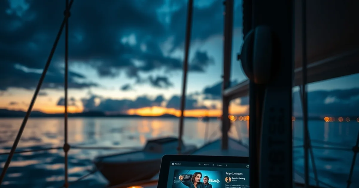En tablet monteret i cockpittet på en sejlbåd viser en streamingskærm i skumringen på roligt dansk farvand