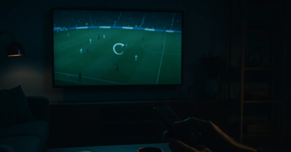 Mørk dansk stue om aftenen, hvor et tv viser en frossen fodboldudsendelse med bufferring, mens en åben notesbog med en håndskrevet tjekliste ligger på sofabordet i forgrunden