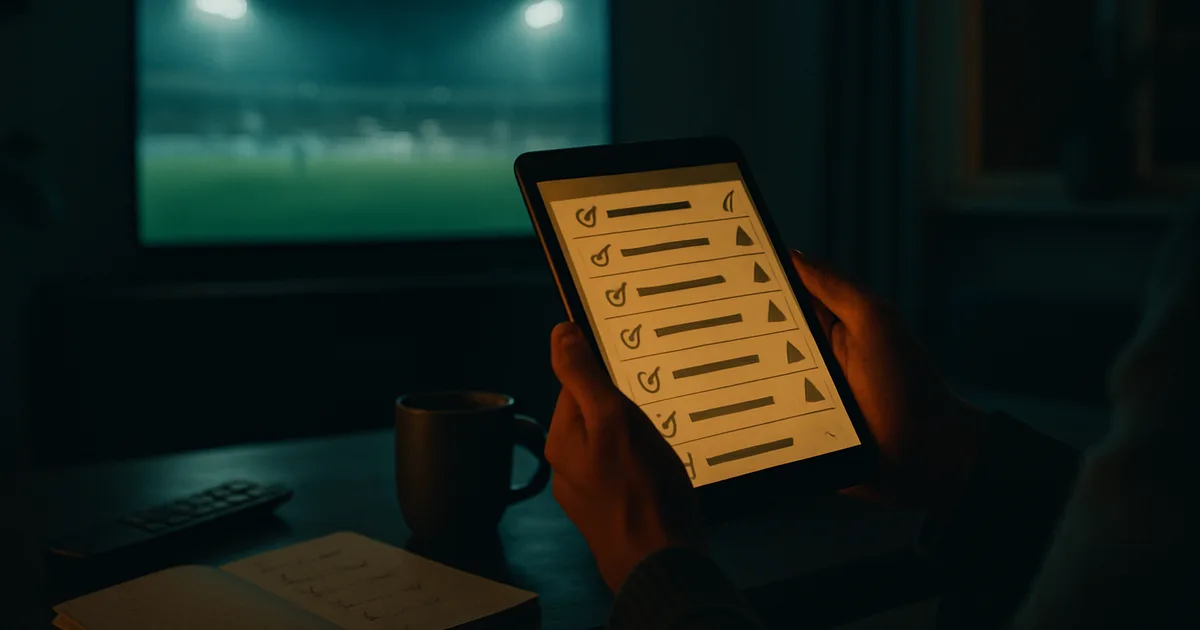 Mørk stue om aftenen med en fodboldkamp på tv i baggrunden, mens et par hænder i forgrunden holder en tablet med en tjekliste til at vurdere en IPTV-udbyder.