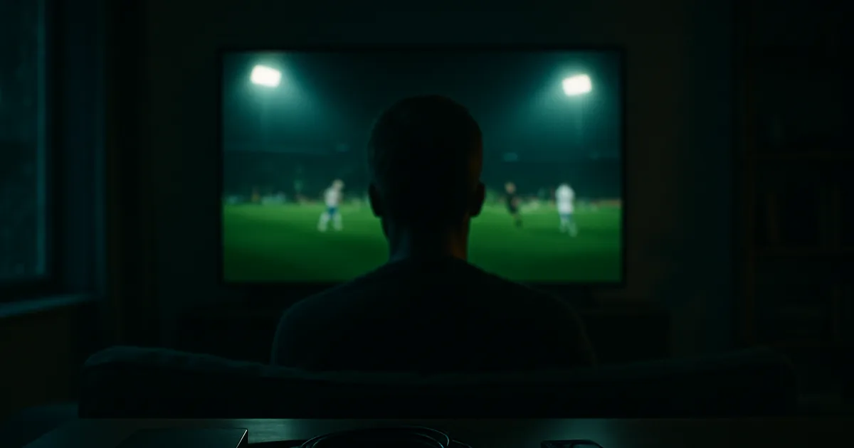 Mørk dansk stue om aftenen, hvor en person ser en oplyst fodboldkamp på et stort tv, med en streamingboks og et netværkskabel i forgrunden på sofabordet