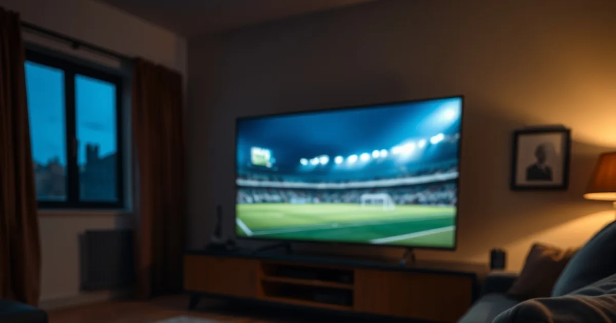 Mørkt, stemningsfuldt stuemiljø med et 4K-fjernsyn, der viser en fodboldkamp, og en fjernbetjening på et bord i forgrunden