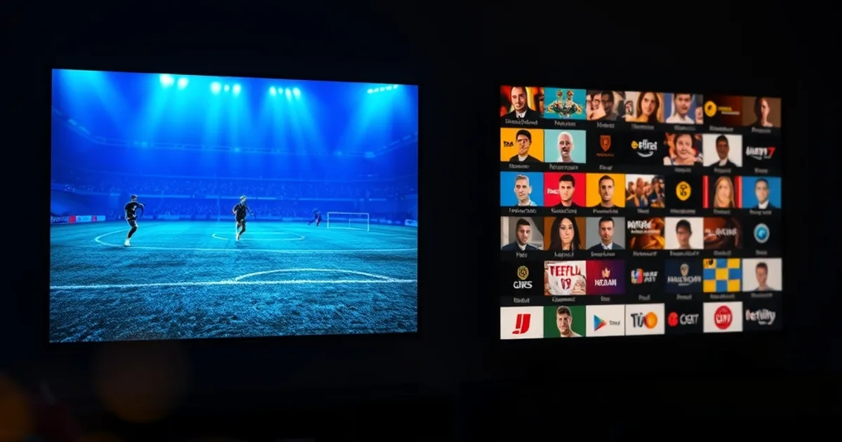 To tv-skærme i et mørkt stue om aftenen, den ene viser en fodboldbane i blåt lys, den anden et gitter af streamingkanaler i gyldent lys, som symbol på valget mellem Viaplay og IPTV
