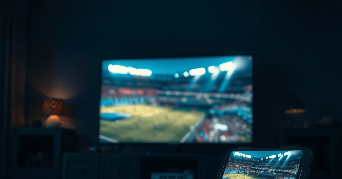Mørkt stuemiljø om aftenen med en fodboldkamp på et smart-tv i baggrunden og en smartphone med samme kamp i forgrunden, som symbol på valget mellem kabel-tv og IPTV.