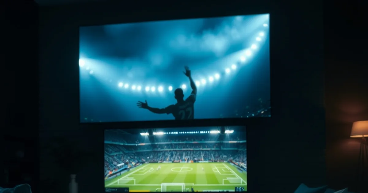 Mørkt stuemiljø om aftenen med et tv, der lyser op med et stadion under floodlights, og en telefon med en app-skærm i forgrunden.