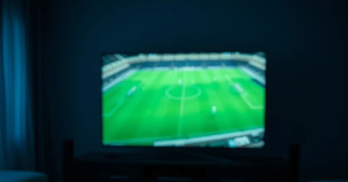 Mørkt stue-miljø om aftenen med en tv-skærm, der lyser op med en sløret grøn fodboldbane, og en fjernbetjening i forgrunden