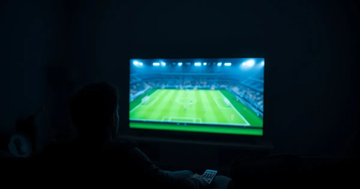 Person ser en direkte Premier League-kamp på et Smart TV i et mørkt, hyggeligt stue om aftenen