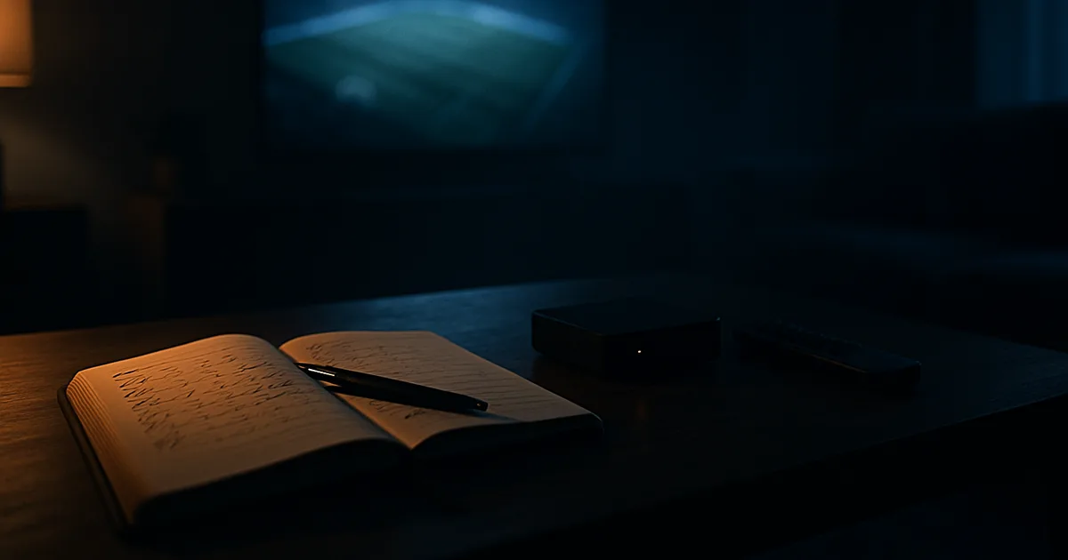 Mørk dansk stue i skumringen med et tv, der lyser blåt med en fodboldbane, og i forgrunden en notesbog med håndskrevne flueben, en pen, en streamingboks og en fjernbetjening på et sofabord.
