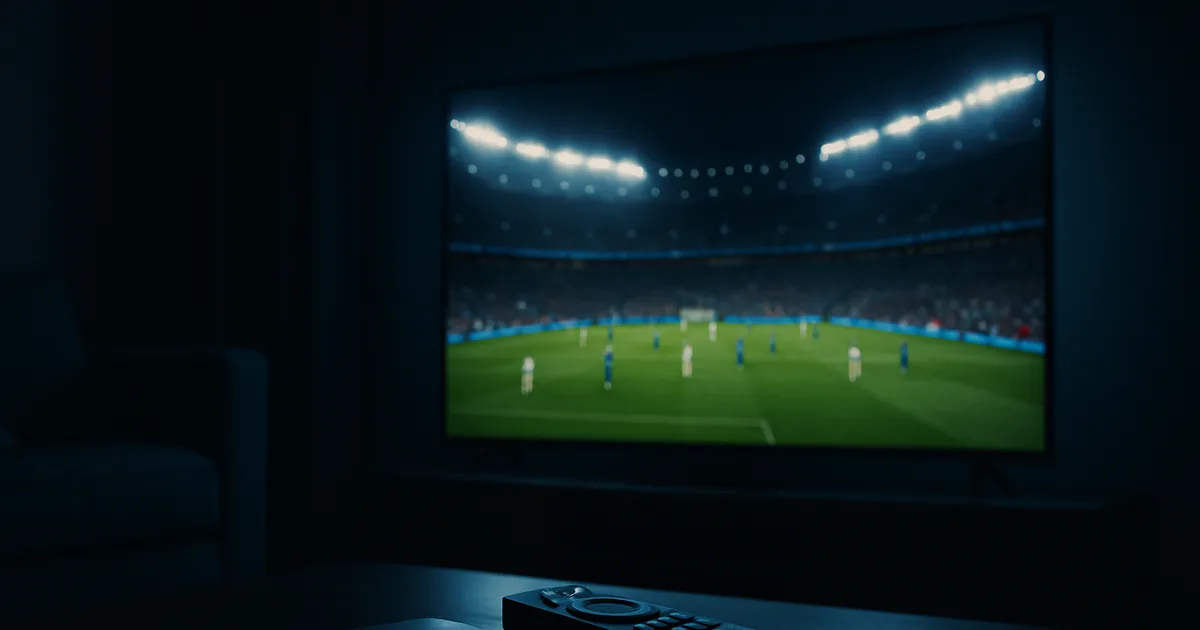 Mørkt stuemiljø om aftenen med et oplyst tv, der viser en VM-fodboldkamp fra et stadion, med en programoversigt langs skærmkanten og en streaming-stick i tv'et