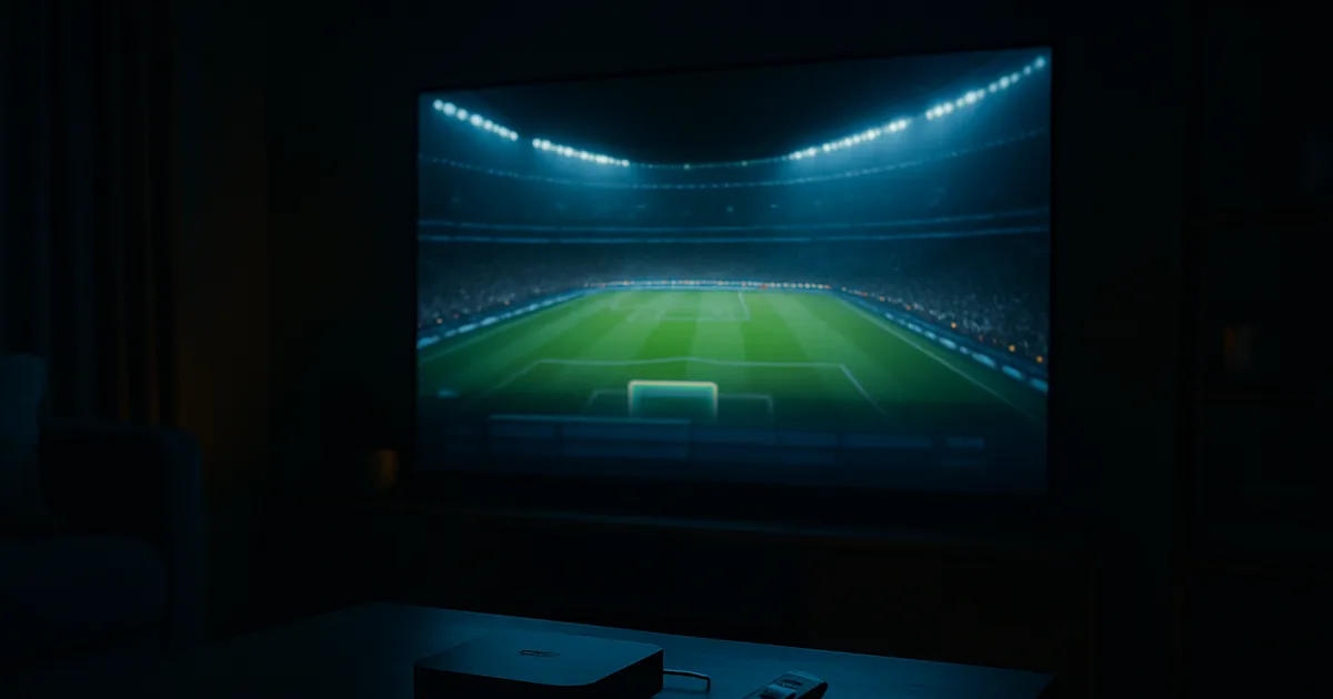 Mørkt stue om natten oplyst af et stort 4K-tv, der viser en VM-fodboldkamp, med en IPTV-box og fjernbetjening på bordet foran skærmen.