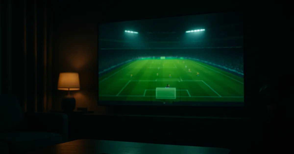Mørk stue om aftenen med et stort fjernsyn, der viser en oplyst fodboldbane under en livekamp, mens en smartphone og en streaming-stick ligger på sofabordet.