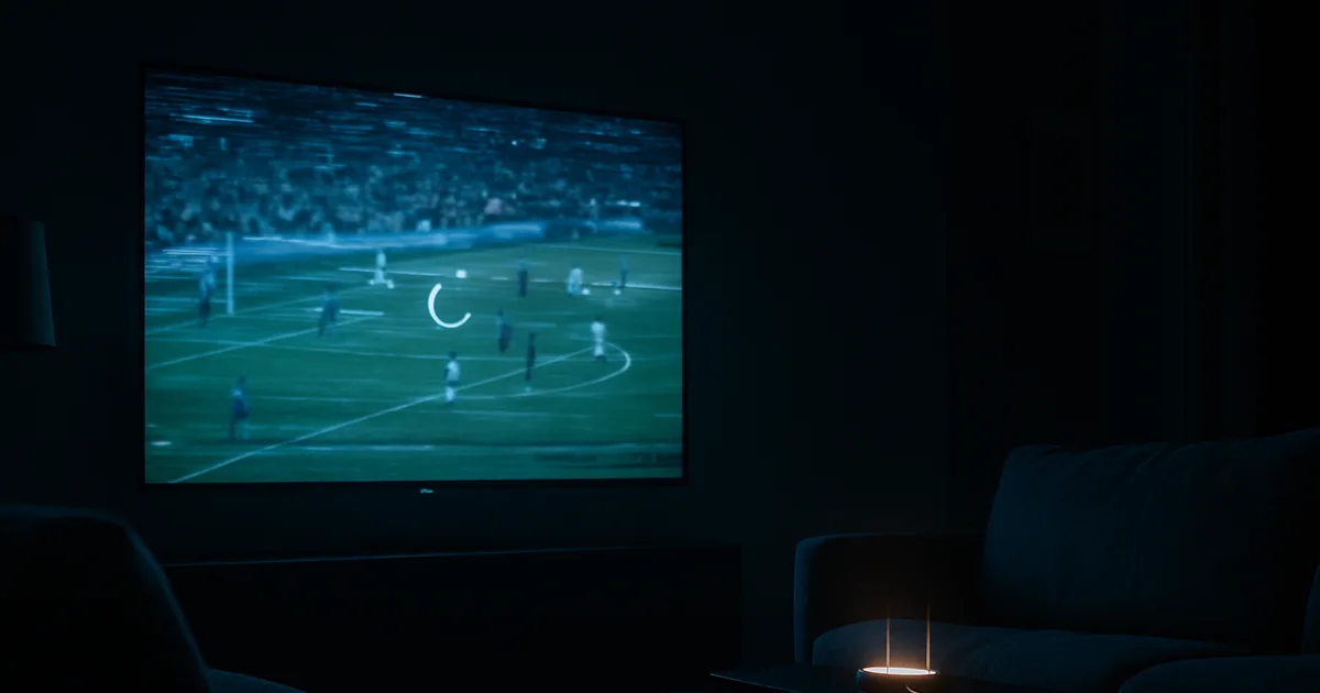 Mørkt stuemiljø om aftenen med et stort tv, der viser en frossen fodboldkamp med buffering-ring, mens et netværkskabel løber hen til en oplyst router