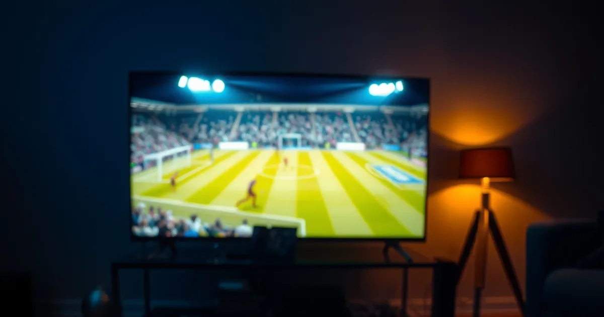 Mørkt dansk stuemiljø om aftenen, et tv lyser op med en fodboldkamp i blåt lys, og flere fjernbetjeninger ligger på bordet foran i gyldent lys som symbol på valget mellem streamingtjenester