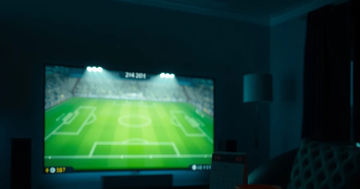 Mørkt stemningsbillede af en stue om aftenen, hvor et TV kaster grønt banelys fra en fodboldkamp ud over sofaen, med en fjernbetjening og en kalender med en dato ringet ind på bordet